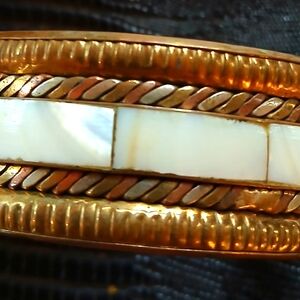 Vintage Multicolor Brass And Mother Of Pearl Inlay Bangle Bracelet